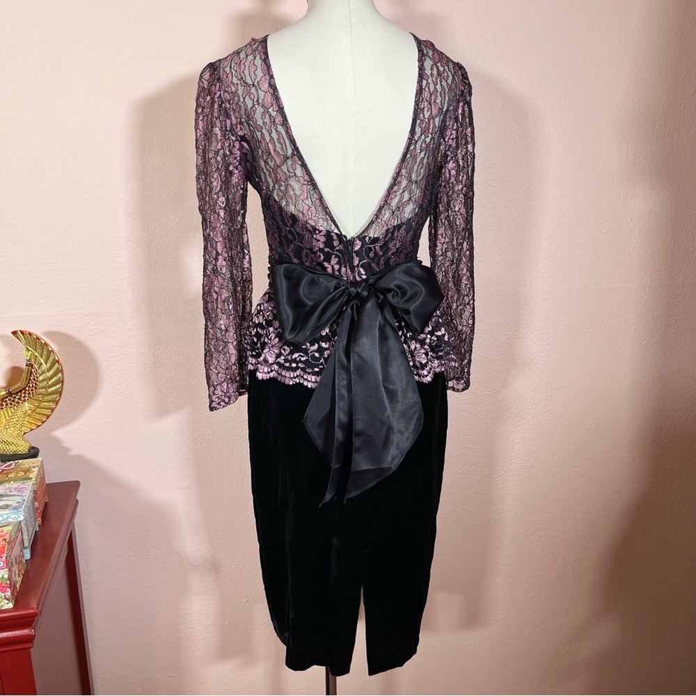 Vintage 1990 Gunne Sax Retro Pink Lace Black velvet Low Back Bow Wiggle Dresss - Picture 15 of 17